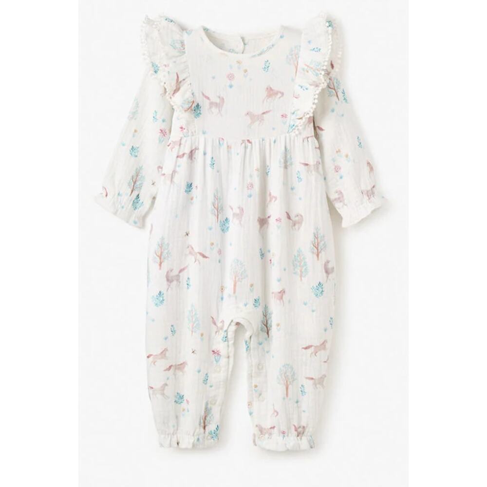 Elegant Baby Pony Meadow Organic Muslin whimsical jumpsuit size 9-12 months
